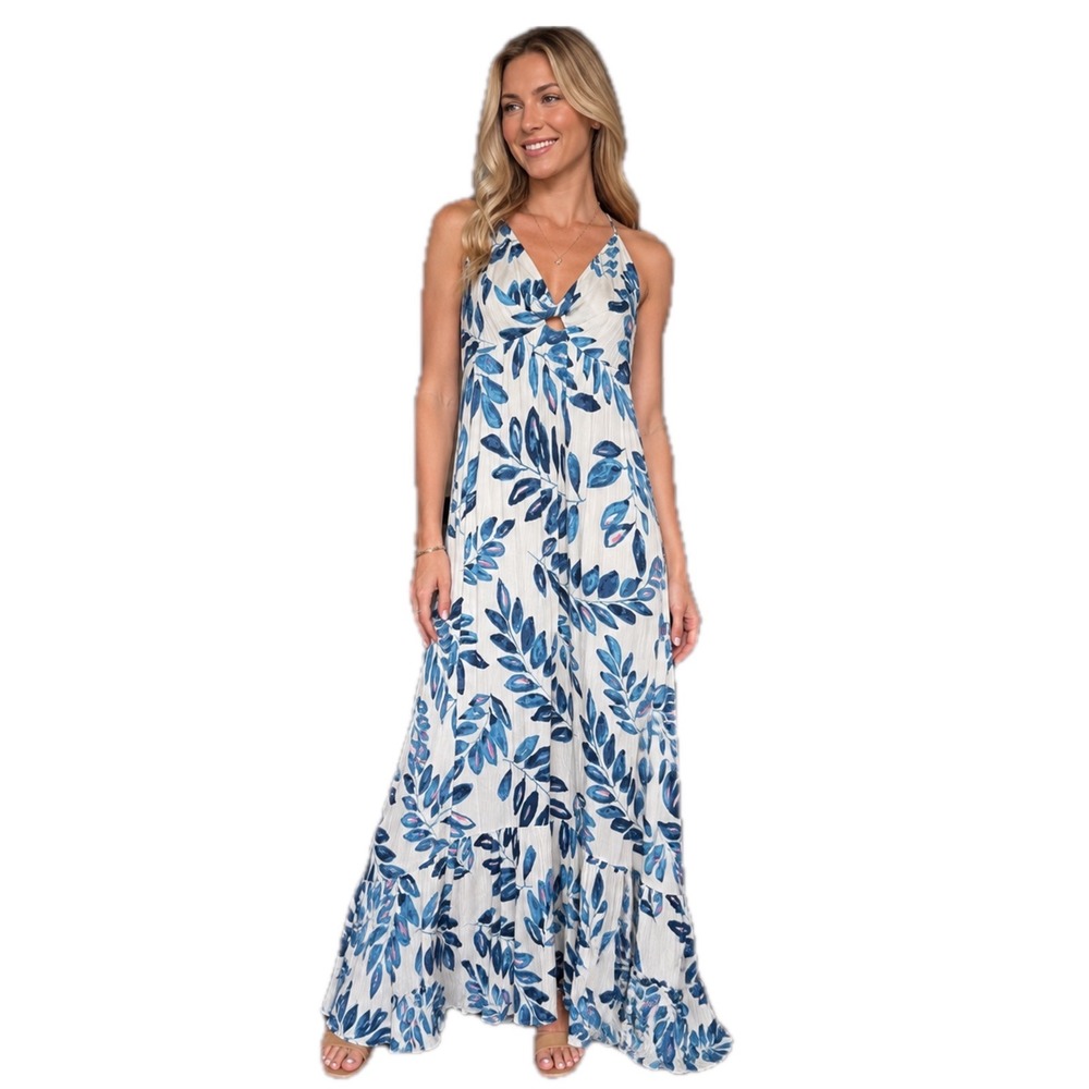 Lovestitch Zoë Tiered Long Maxi Dress Tropical Blue Leaf Print Boho‎ Breezy Sz M